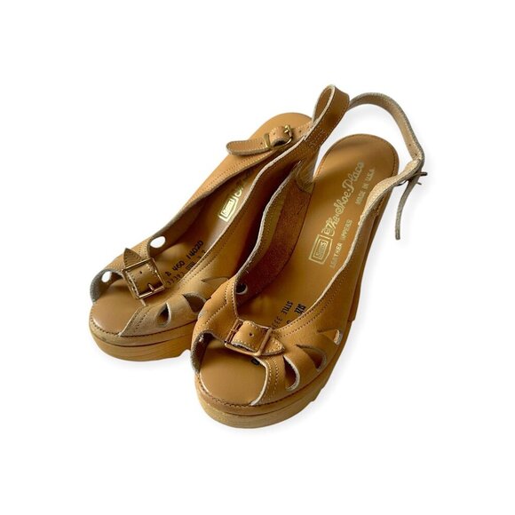 1970s Tan Leather Wedge Sandals by Sears The Shoe Place – Size 5B – Made‎ in USA - Picture 2 of 10